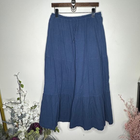 PACT Organic Cotton Coastal Double Gauze Tiered Maxi Skirt Navy Blue Sz M {A4} - Picture 2 of 6